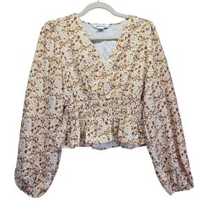 Urban Revivo Floral Smocked Peplum Top Yellow Brown V-Neck Puff Sleeve US 8
